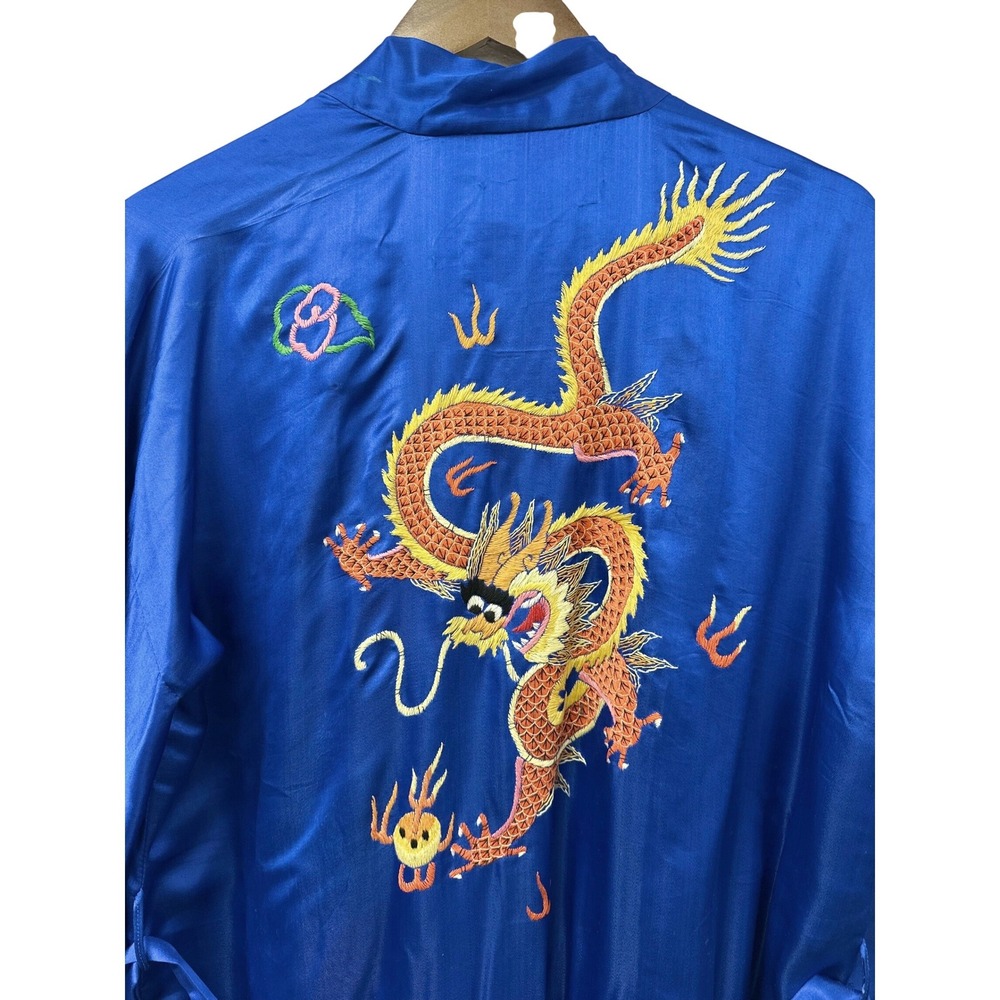 Vintage Golden Dragon Embroidered 100% Silk Robe Blue L